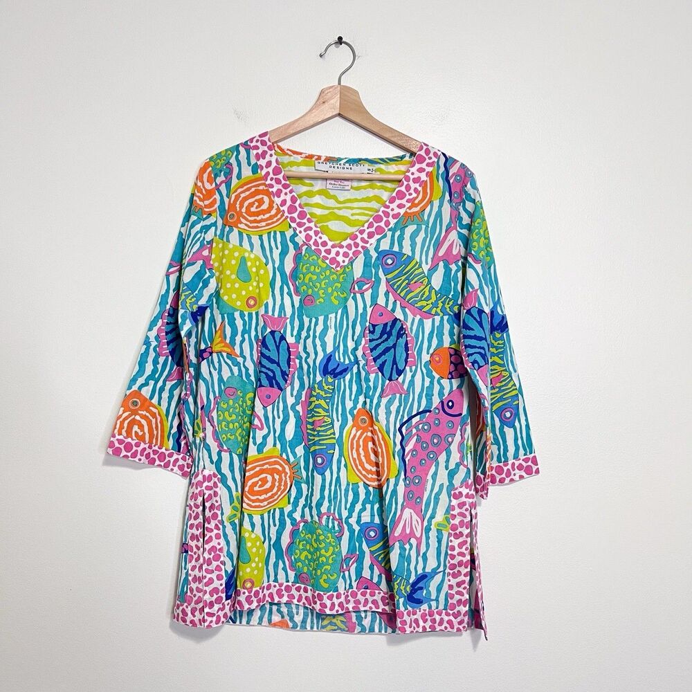 Gretchen Scott Designs Women’s Small Tropical Fish Print Cotton Tunic Top - Picture 2 of 10